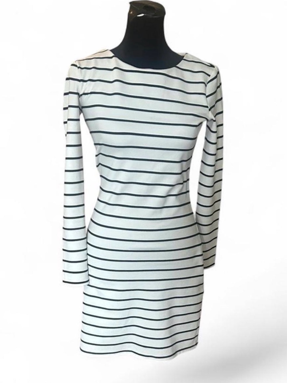 H&M White and Black Striped Long-Sleeve Boatneck Dress